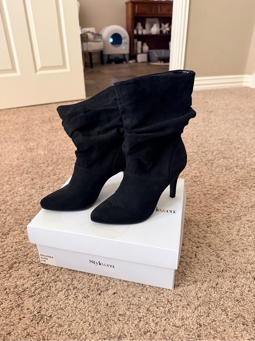 Style & Co. Black Suede Slouchy Pointed-Toe Heeled Boots